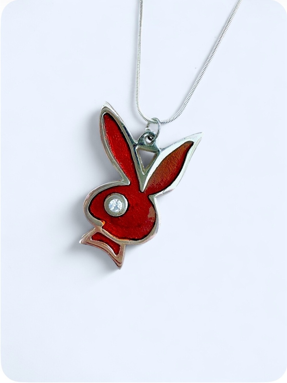 Red Enamel Playboy Bunny Pendant Necklace Silver Tone